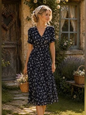 Louche Cottage Core Floral V-Neck Navy Midi Dress with Puff Sleeves